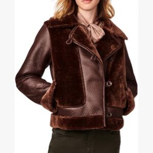 Bernardo Fashions Faux Shearling Aviator Jacket Brown size medium
